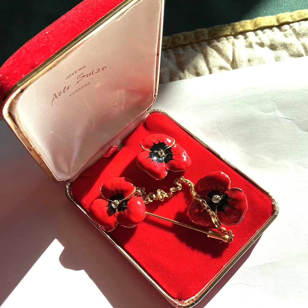 Vintage Joyeria Arte Suizo Red Poppy Floral Jewelry Set